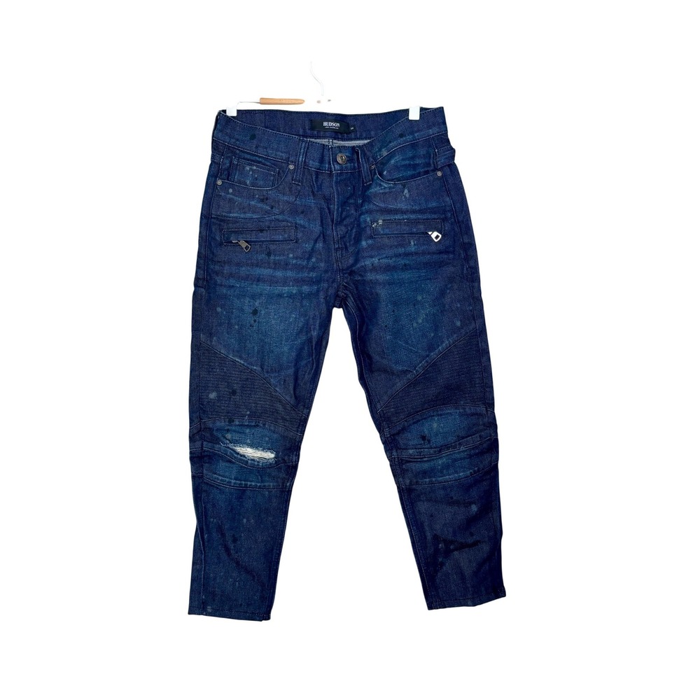 Hudson Los Angeles Mens Moto Jeans Dark Wash Paint Splatter Distressed Size 32